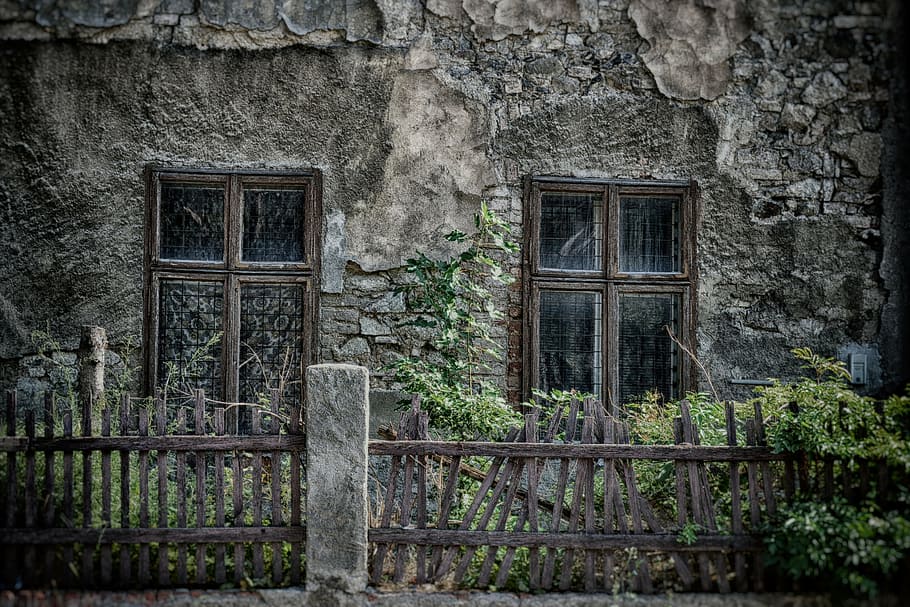 photographed, gray, concrete, house, brown, wooden, broken, fences, nostalgia, mood