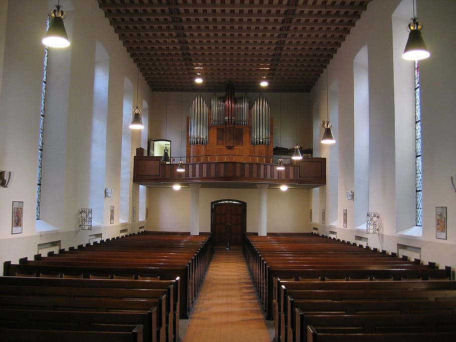 luther church, nave, pew, organ, church pews, protestant, illuminated, lighting equipment, indoors, architecture