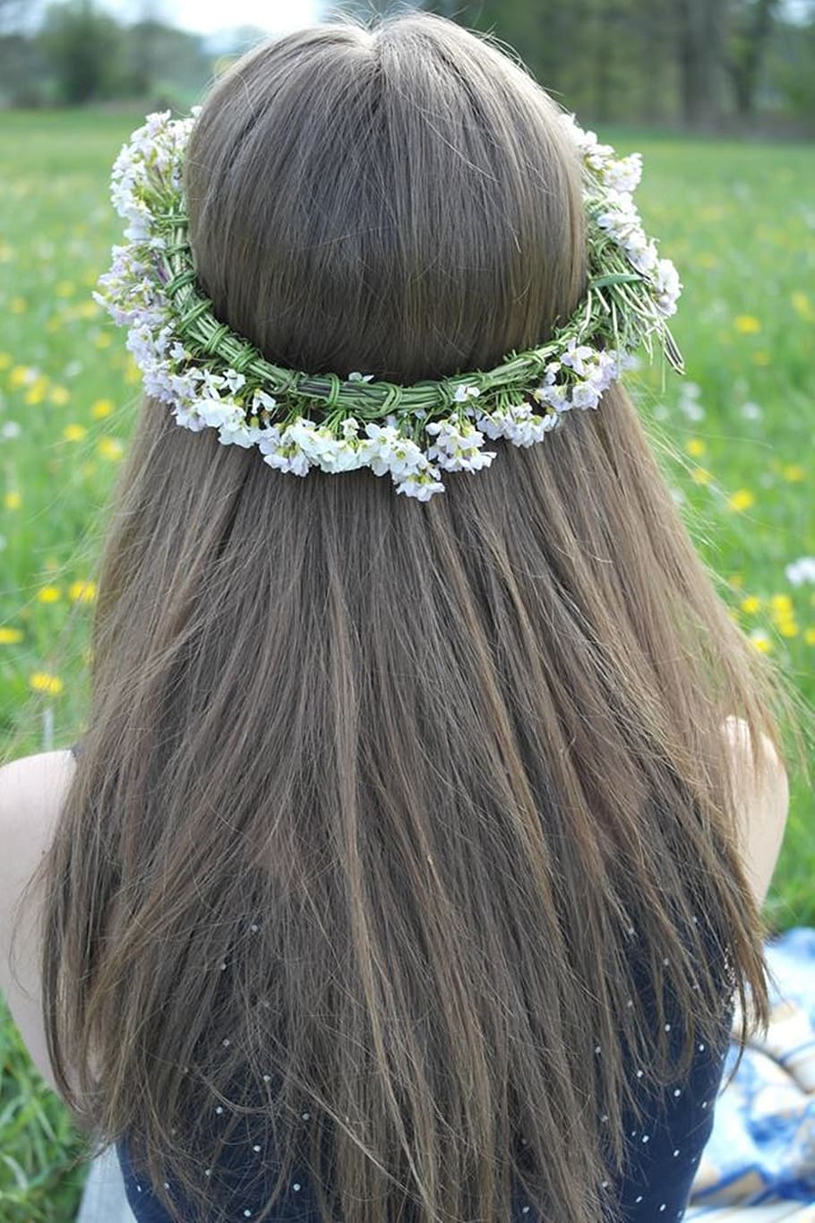 woman, wearing, white, flower crown headpiece, girl, head, straight hair,  wreath, outdoors, hairstyle | Pxfuel