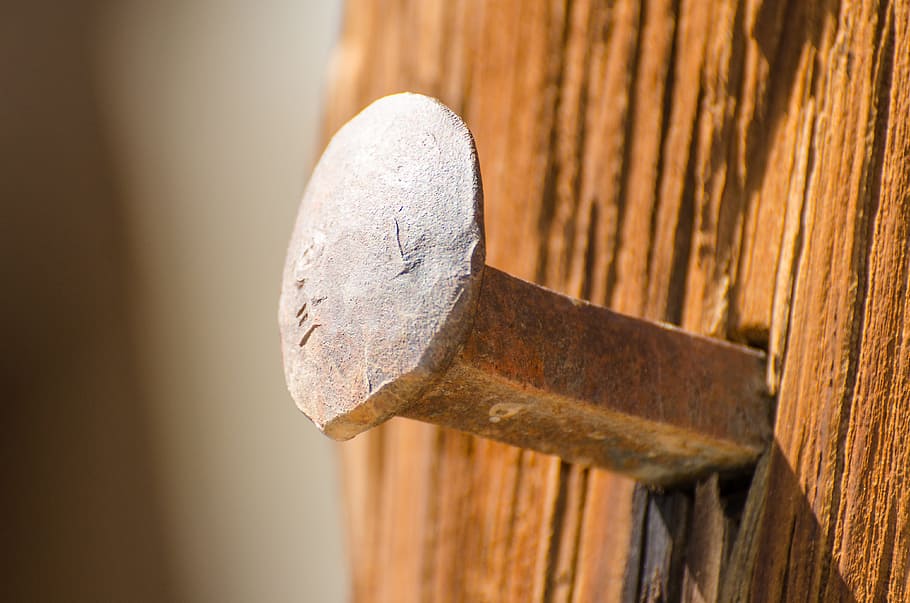 close-up photo, gray, nail, hammered, wood, railroad stakes, railroad spike, metal stakes, railroad, railway