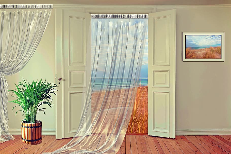 curtain, door 3, 3d, perspective view, room, space, apartment, door, hinged doors, setup