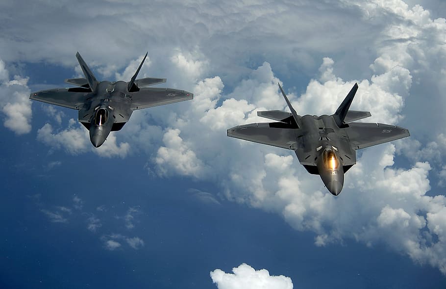 dos, gris, aviones, volando, nubes, Fuerza Aérea de EE. UU., Militar, F-22 Raptor, vuelo, cielo