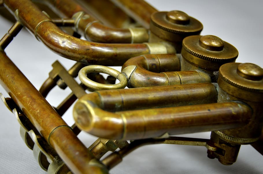 trompeta de instrumento, viejo, cobre, música, metal, acero, latón, oxidado, instrumento musical, municiones