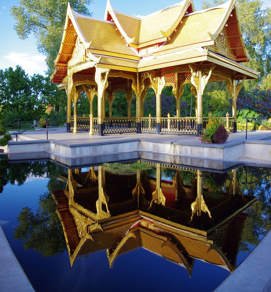 olbrich thai pavilion, botánico, jardines, madison, wisconsin, thai, pabellón, oro, tailandia, metal