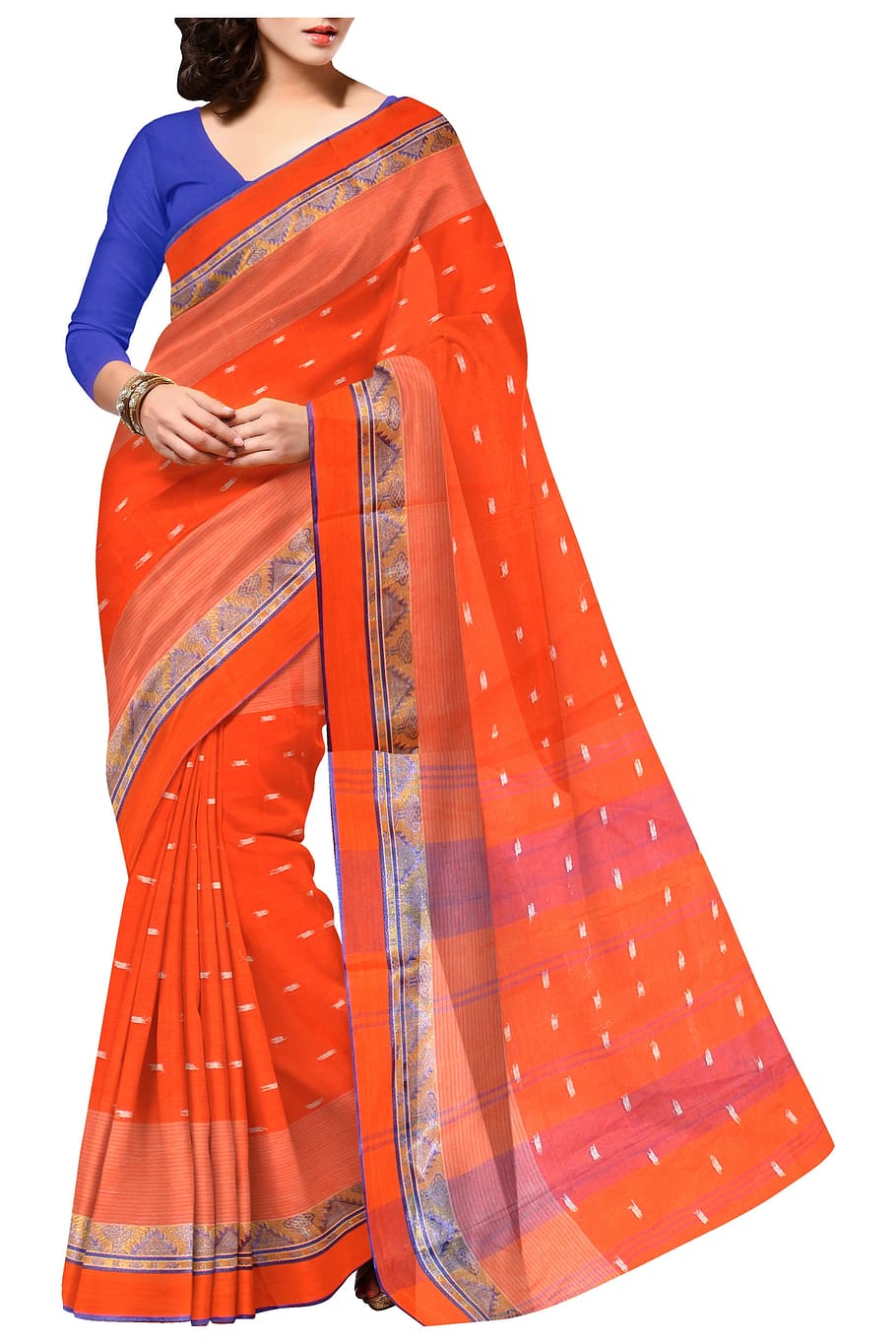 mulher, laranja, azul, vestido saree, Saree, indiano, Étnica, Roupas, Moda, seda