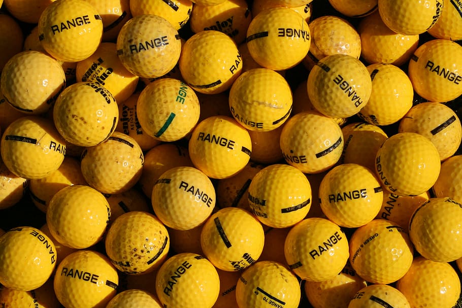 オレンジ, ゴルフボールロット, 群集, ゴルフ, ゴルフ練習場, 黄色のボール, 類似, 繰り返し, 多くのボール, 黄色