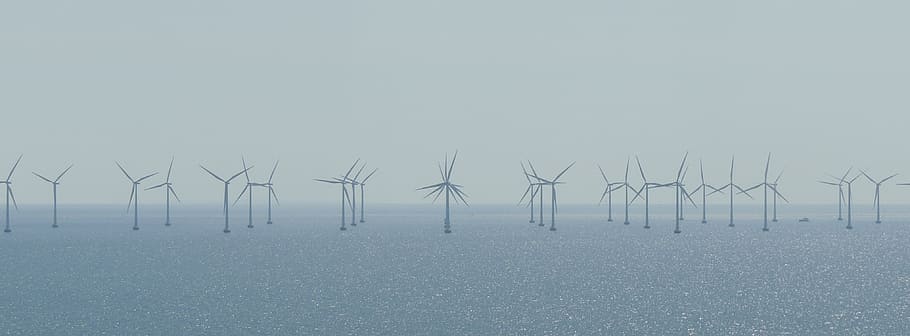 wind turbine lot, windräder, wind park, lake, energy, wind energy, energy generation, climate protection, climate change, sea