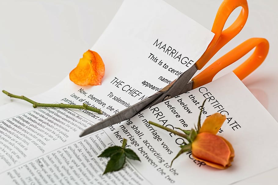 orange, scissors, cutting, marriage certificate, divorce, separation, marriage breakup, split, argument, relationship