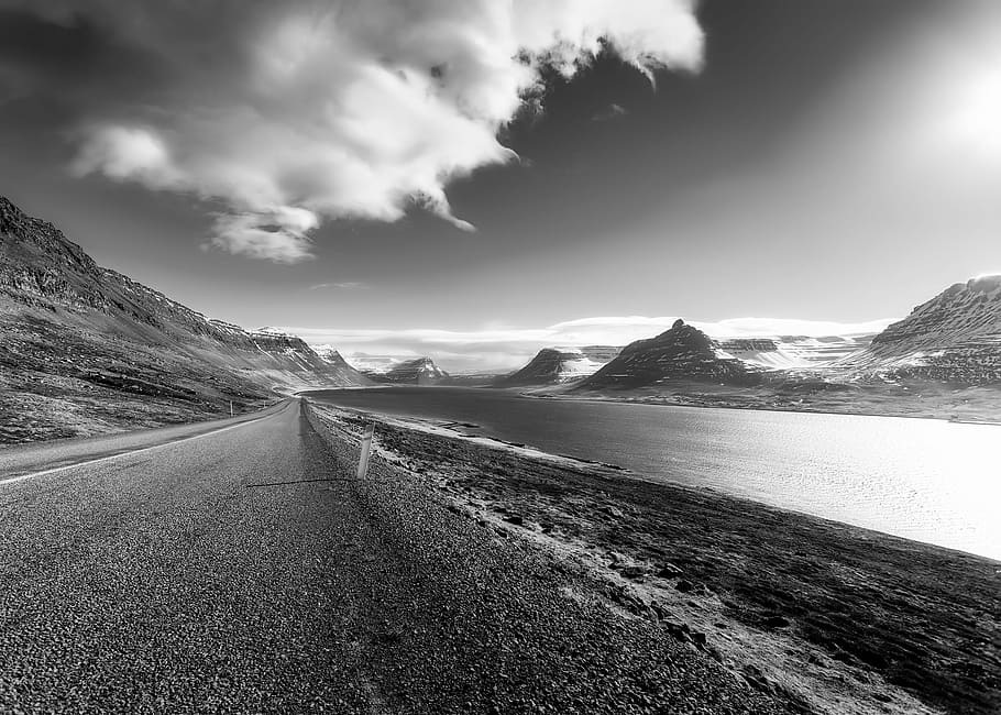 grayscale photo, body, water, Iceland, Landscape, River, Fjord, Road, travel, sky