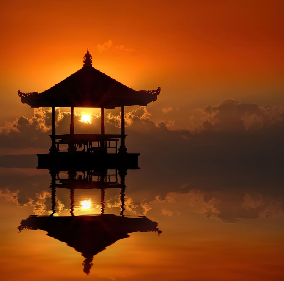 sunset, temple, bali, cloud, spiritual, indonesia, landscape, water, asia, travel