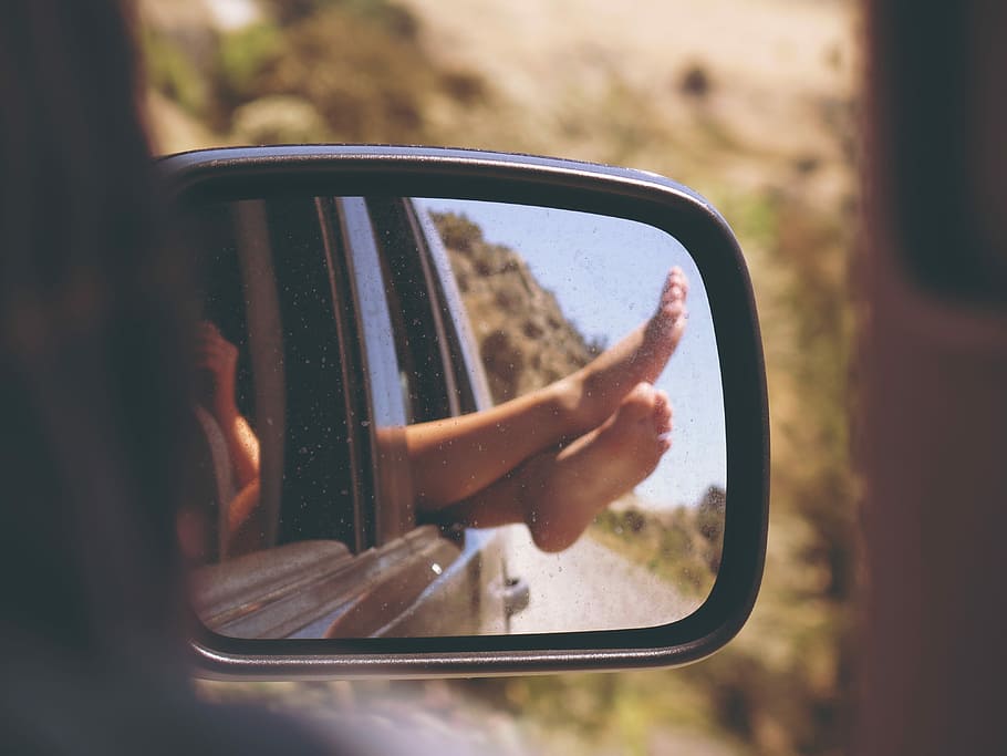 reflection, woman, feet, car side mirror, car, side mirror, women, driving, people, one Person