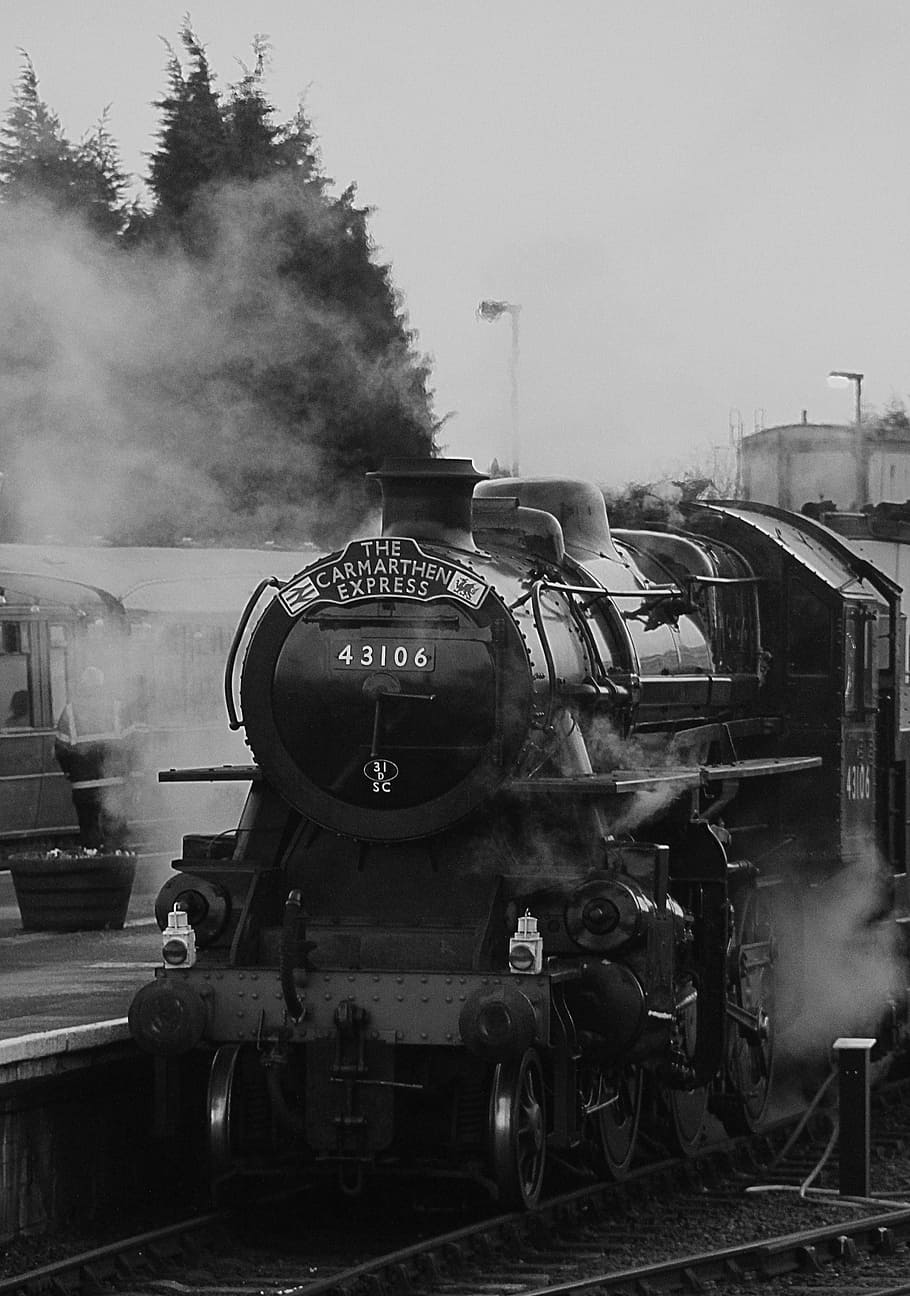 Fotografía en escala de grises, Carmarthen, Express, 43106 tren de vapor, durante el día, escala de grises, foto, tren, transporte, ferrocarril