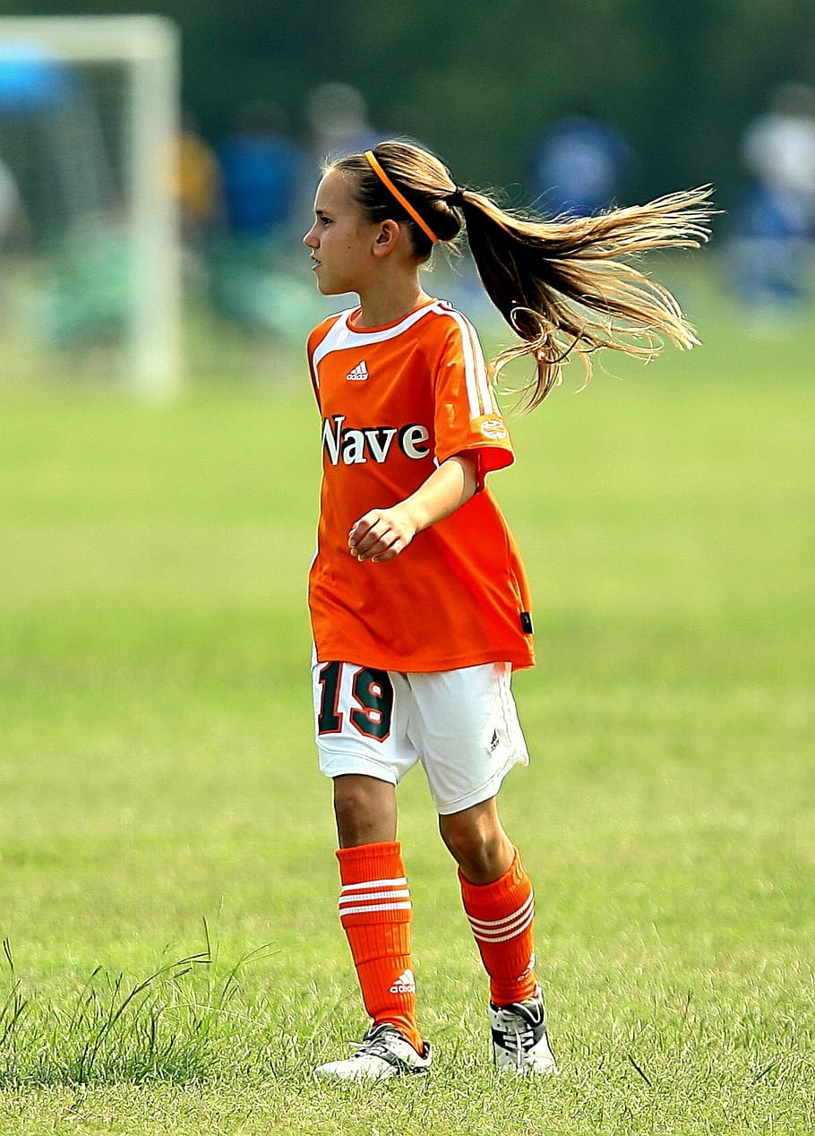 girl, grass field, soccer, player, football, sport, game, field, competition, young
