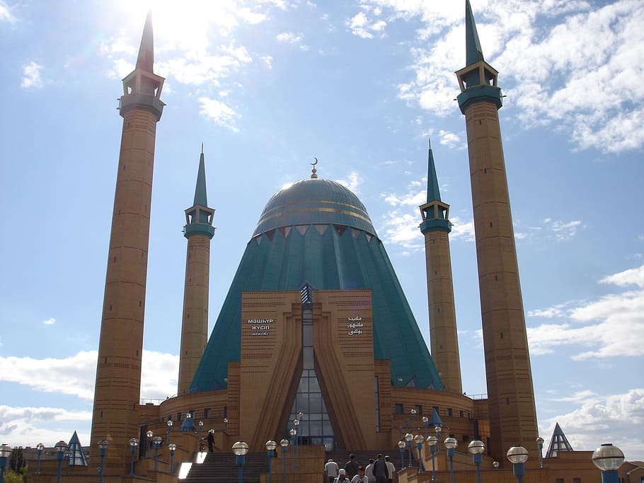 beige, blue, mosque, azerbaijan, islam, faith, religion, house of worship, towers, minarets