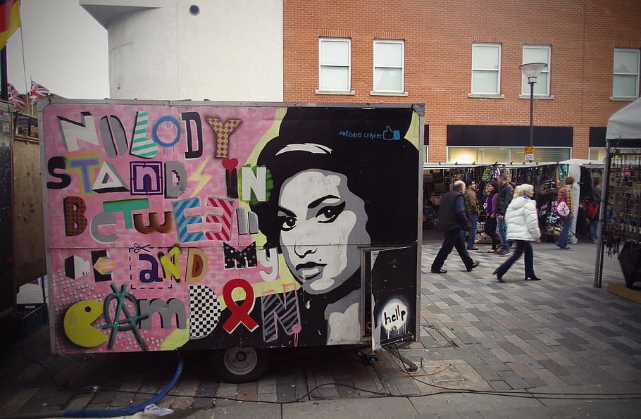 pink, black, enclosed, trailer, amywinehouse, graffiti, urban, camden, london, england