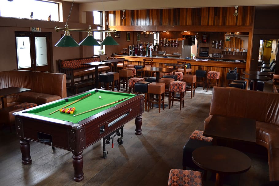 pub, pool table, entertainment, bar, table, indoors, seat, bar - drink establishment, pool - cue sport, chair