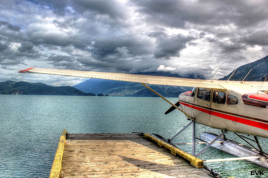 seaplane, water, lake, landscape, mountains, clouds, cloud - sky, transportation, sky, mode of transportation