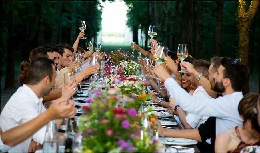 photograph, group, people toast, wine, front, table, people, male, woman, outdoors