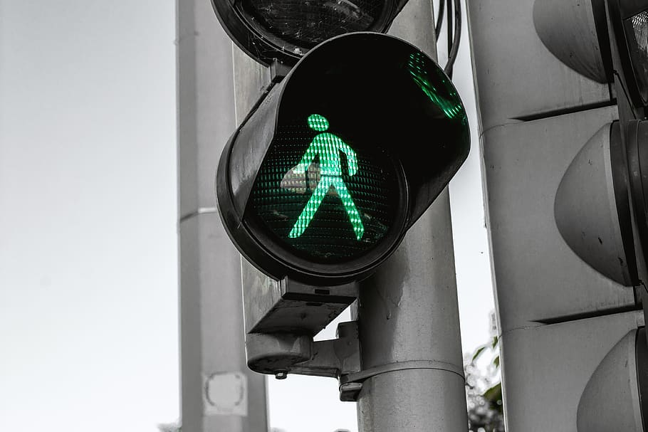paso de peatones, verde, hombre, tráfico, luces, parada, vaya, letrero, carretera, semáforo