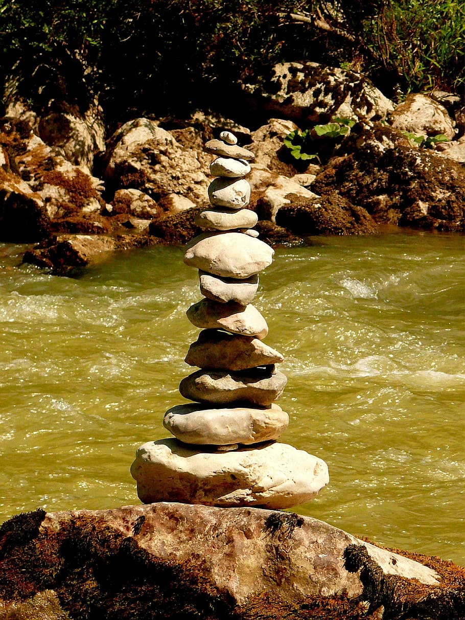 Stone Tower, Stones, Turret, Waymarks, mark, river, balance, rest, meditation, riverside