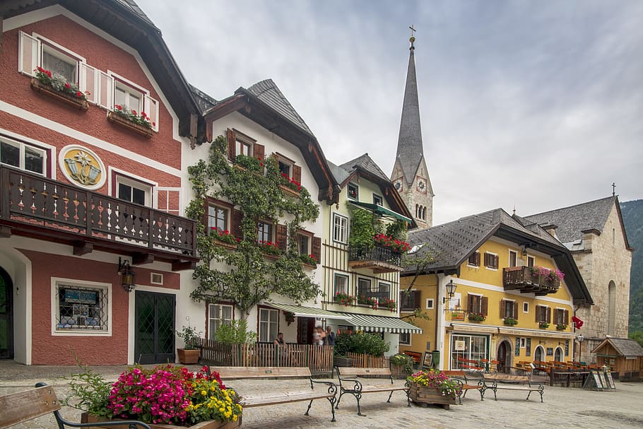 hallstatt, village, austria, alpine, clouds, outdoors, panorama-like, unesco, tourism, architecture