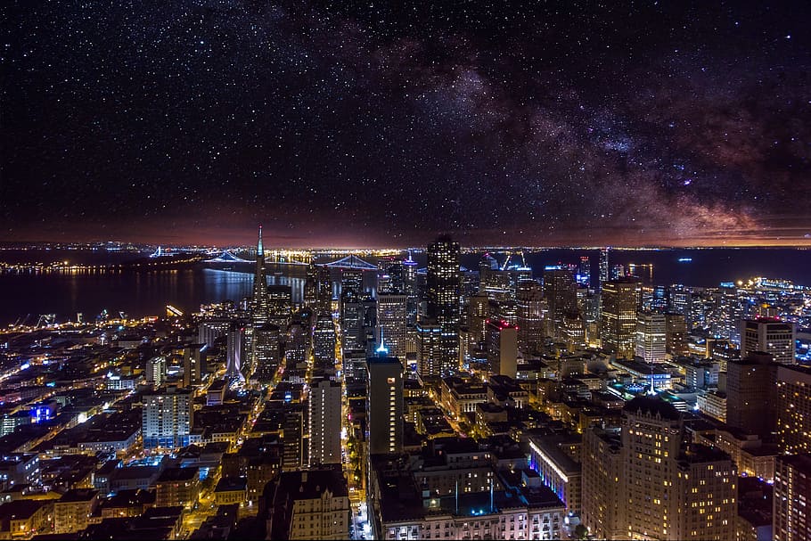 estrelas, noite, Paisagem urbana, São Francisco, sob as estrelas, à noite, urbano, cidade, céu, Skyline urbana