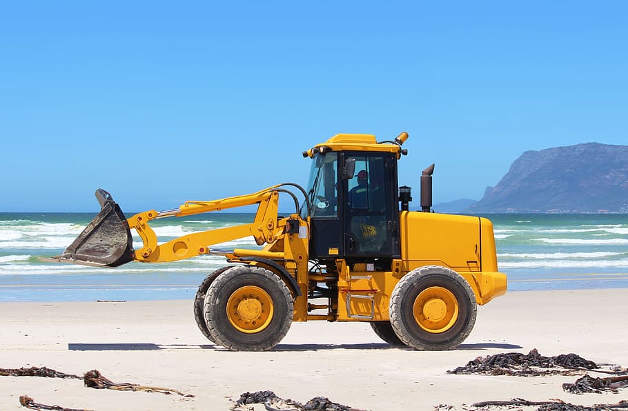yellow, black, excavator, brown, sandy, beach, sandy beach, sea, excavators, cleaning