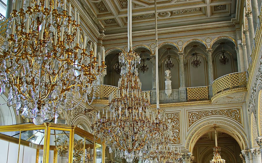 Rusia, St-Petersburg, Hermitage, Museum, lampu gantung, dekorasi, balkon, prestise, arsitektur, sejarah