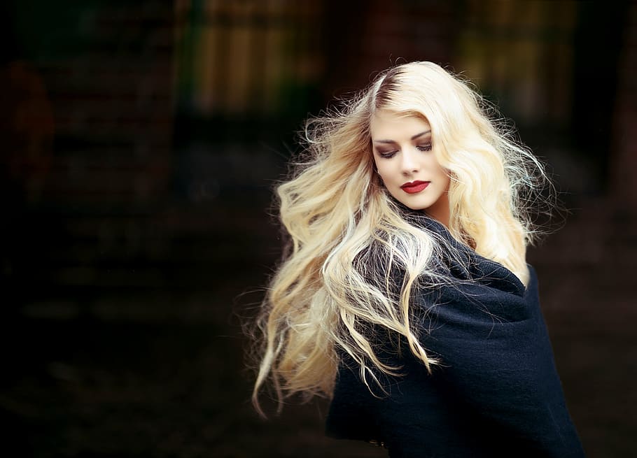 woman, black, coat, portrait, girl, blond, hair, long hair, blonde hair, female