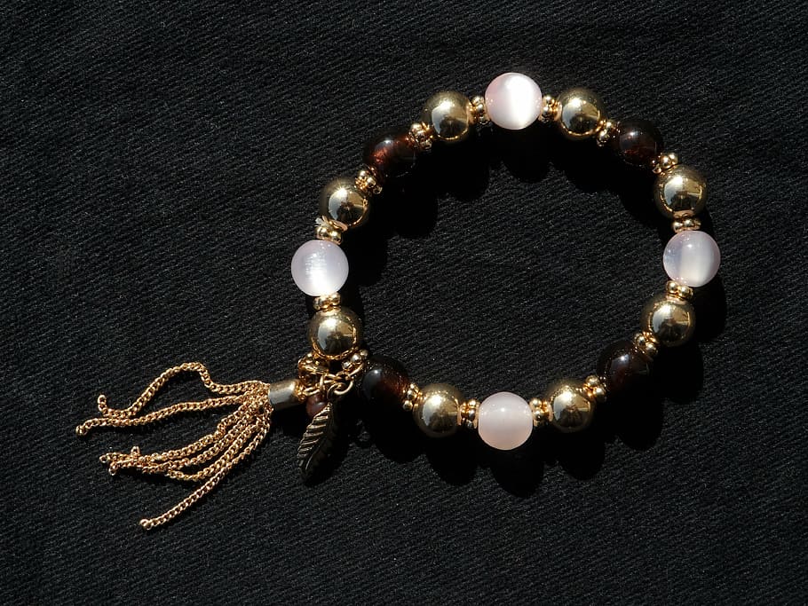 beaded, brown, white, bracelet, black, surface, gold, beads, jewellery, sparkling
