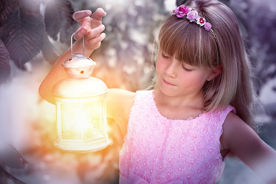 girl carrying lantern, person, human, child, girl, blond, lantern, light, lamp, portrait
