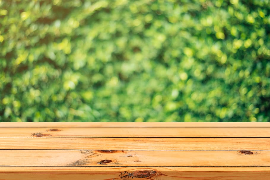 wood, wooden, table, outside, bokeh, blur, green, wood - material, focus on foreground, plant