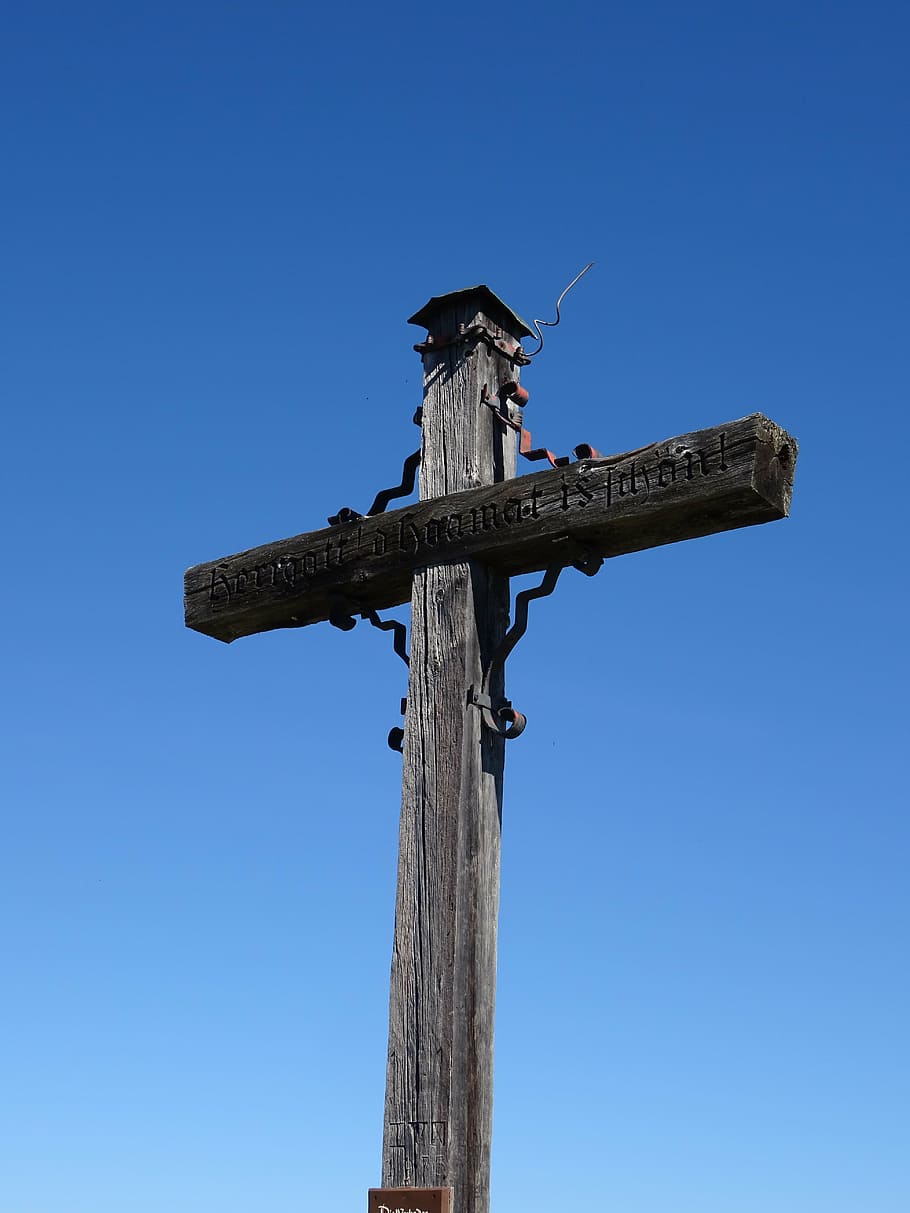summit cross, cross, blue sky, sky, clear sky, low angle view, blue, nature, religion, day