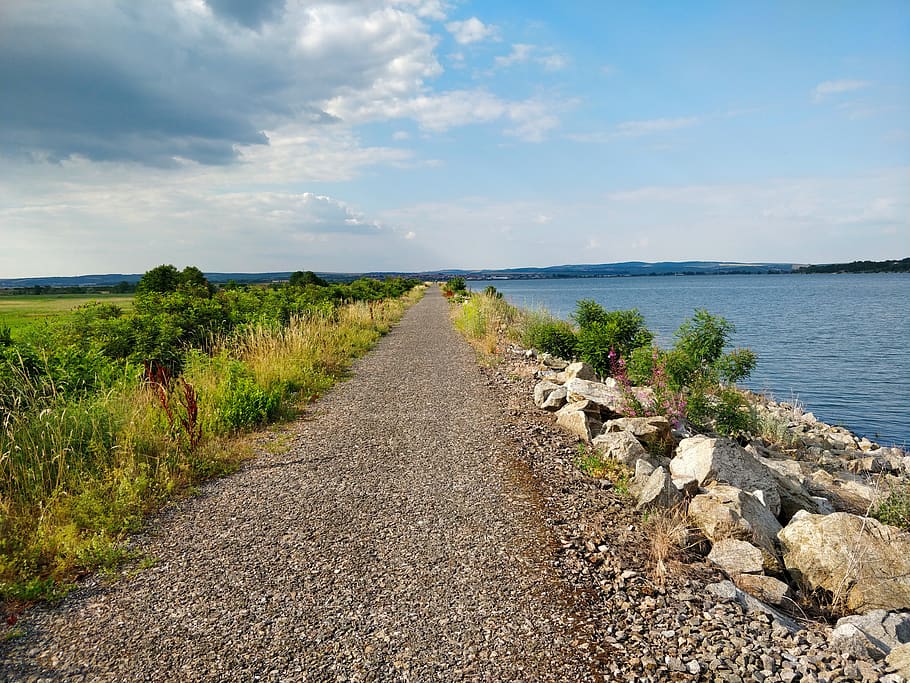 path, water, sky, grass, gravel, summer, nature, beautiful, soothing, lake