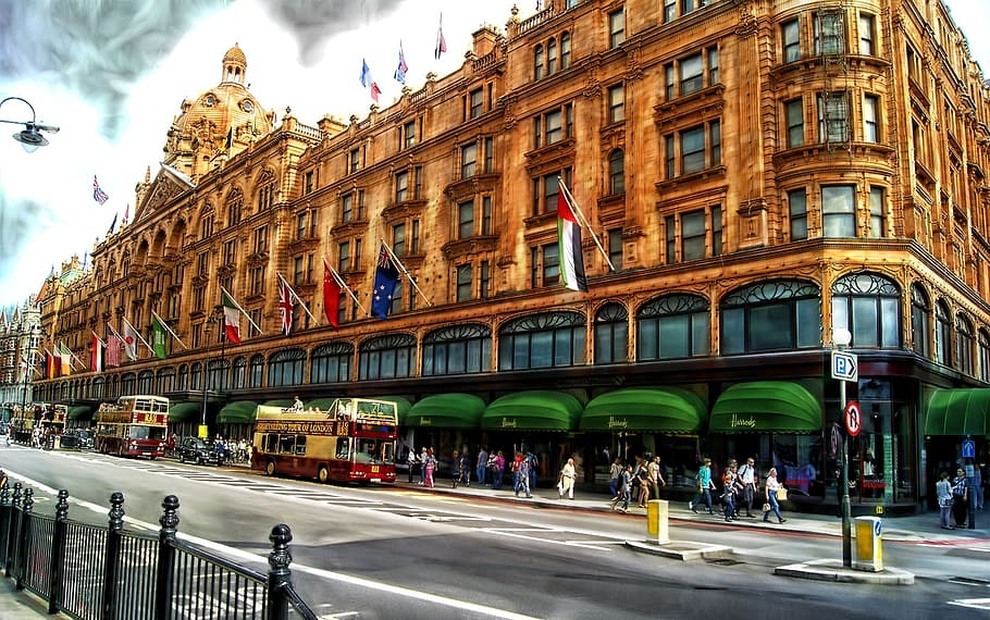 group, people, walking, building, road, daytime, photography, brown, concrete, harrods