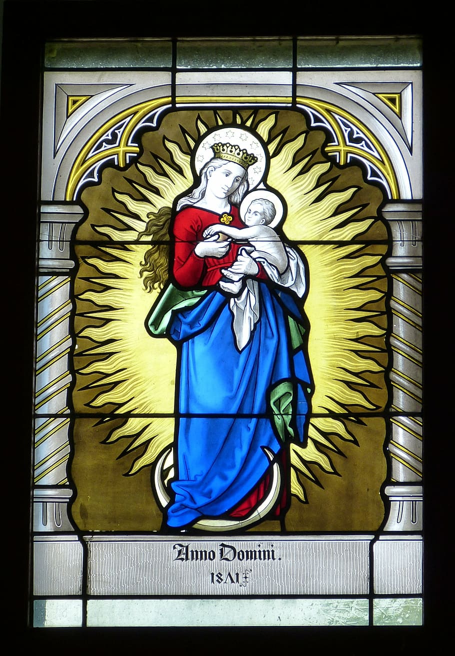 anno domini, stained, glass artwork, madonna, figure, woman, grace, mother of god, maria, christianity