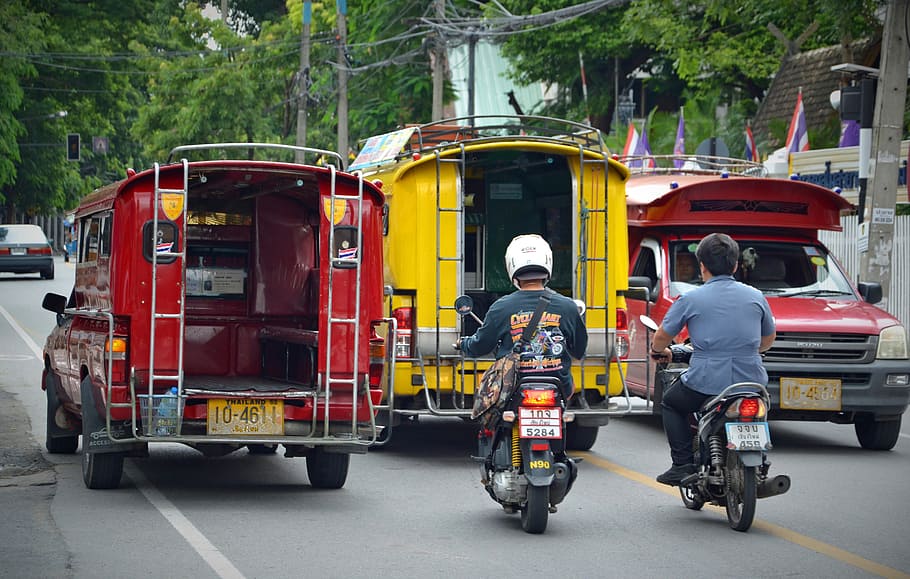 Chiang Mai, Thailand, Road, road transport, public means of transport, bus, moped, moped riders, traffic, transport
