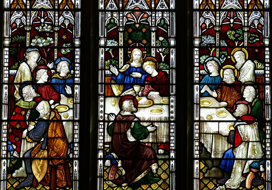 religious painting mosaic, jersey, england, united kingdom, channel islands, church, window, church window, last supper, bible