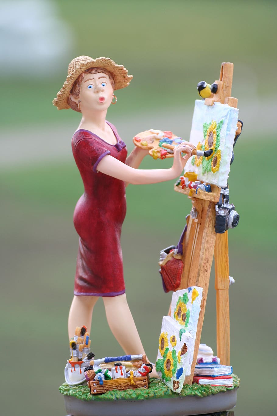 female, painter, red, dress, straw hat, artist, art, concentration, woman, brush
