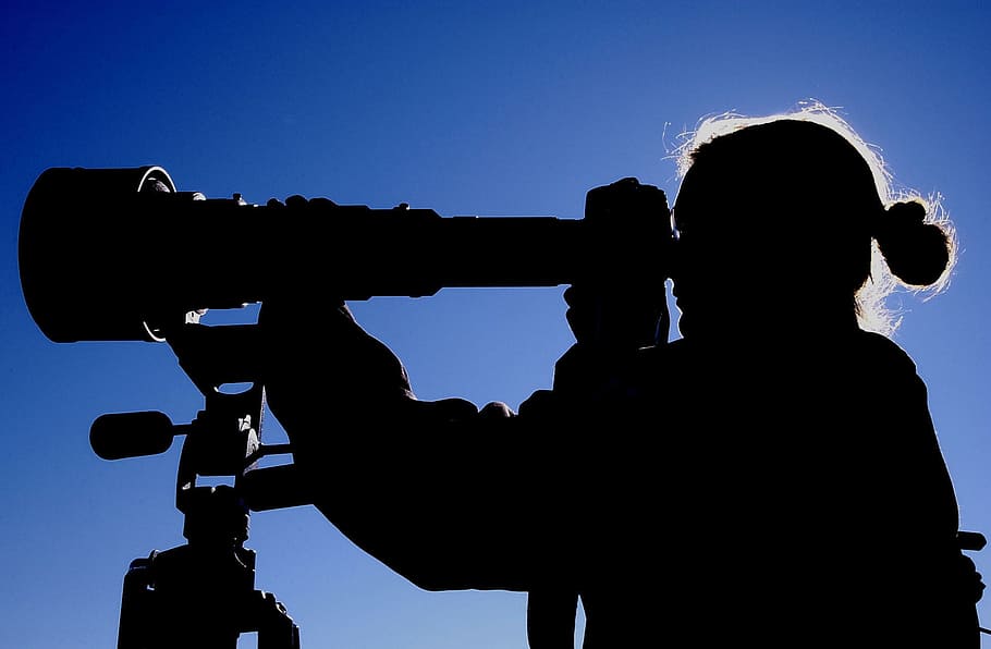 silhouette photo, woman, holding, telescope, photographer, photography, camera, lens, zoom, zoom lens