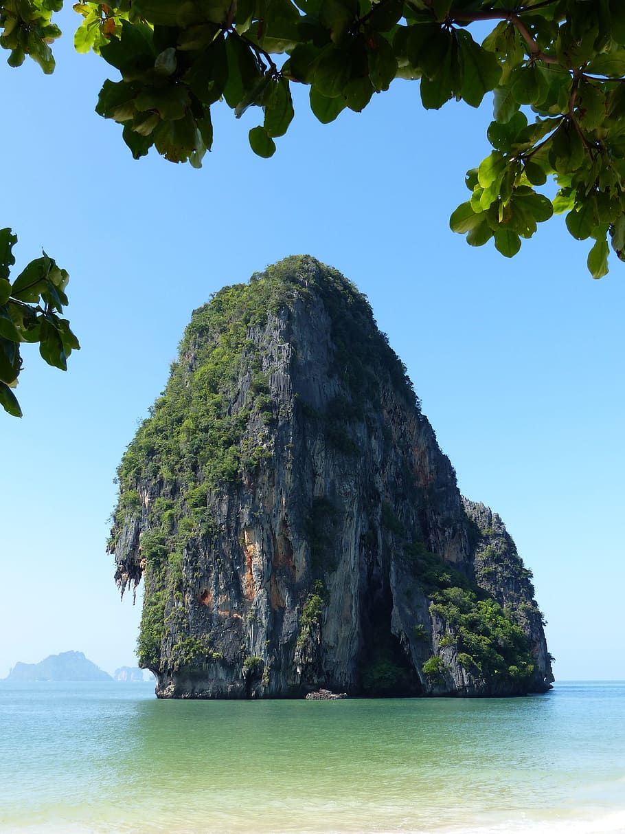 mountain formation, daytime, spoke the beach, krabi, thailand, water, sea, sky, tranquil scene, beauty in nature