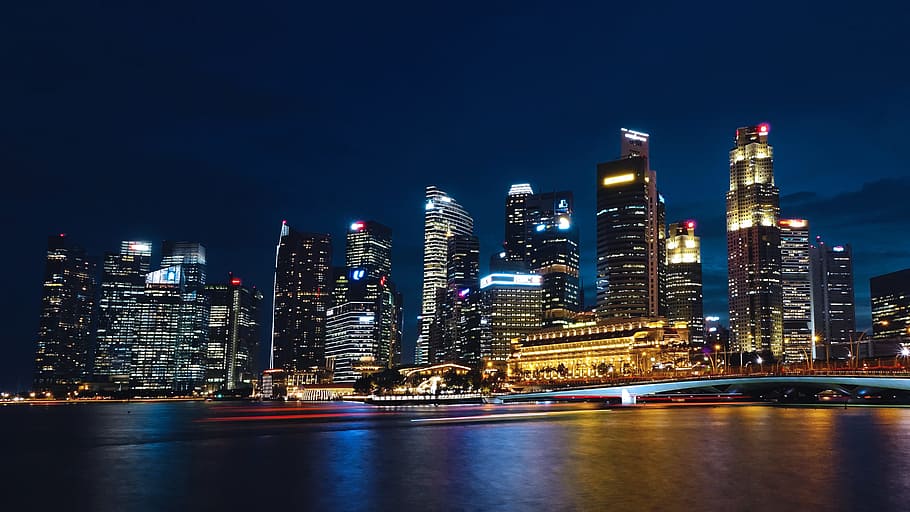 city lights, body, water, singapore river, skyline, building, financial district, skyscraper, architecture, urban