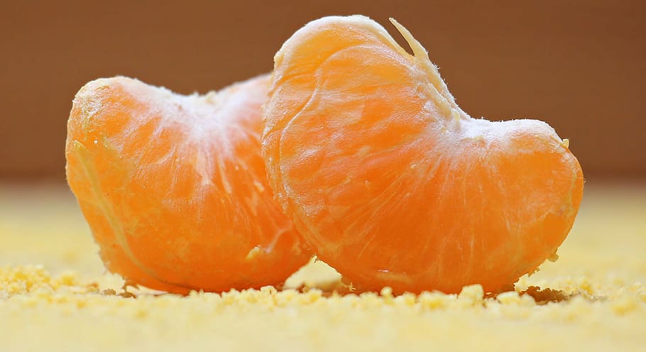 fokus, foto, dua, irisan, jeruk, jeruk keprok, buah, clementine, buah jeruk, vitamin