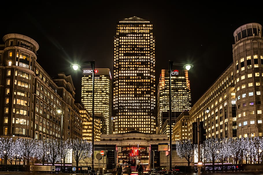 building, hscb, citi bank buildings, city, night view, canary wharf, office building complex, london borough of tower hamlets, skyline, tall