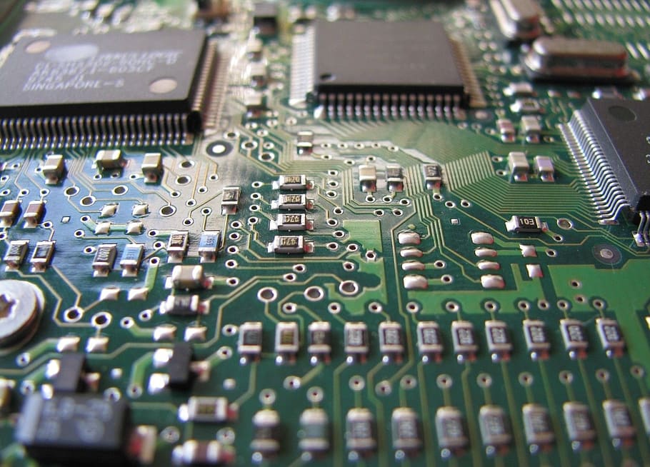 close-up photo, green, black, computer motherboard, main board, computer, chips, electronics, board, technology