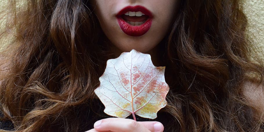 mouth, red lipstick, leaf, conceptual, woman, beauty, one person, human body part, women, young adult
