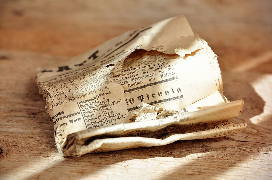 newspaper, old, folded, font, information, crumpled, broken, still life, antique, wood floor