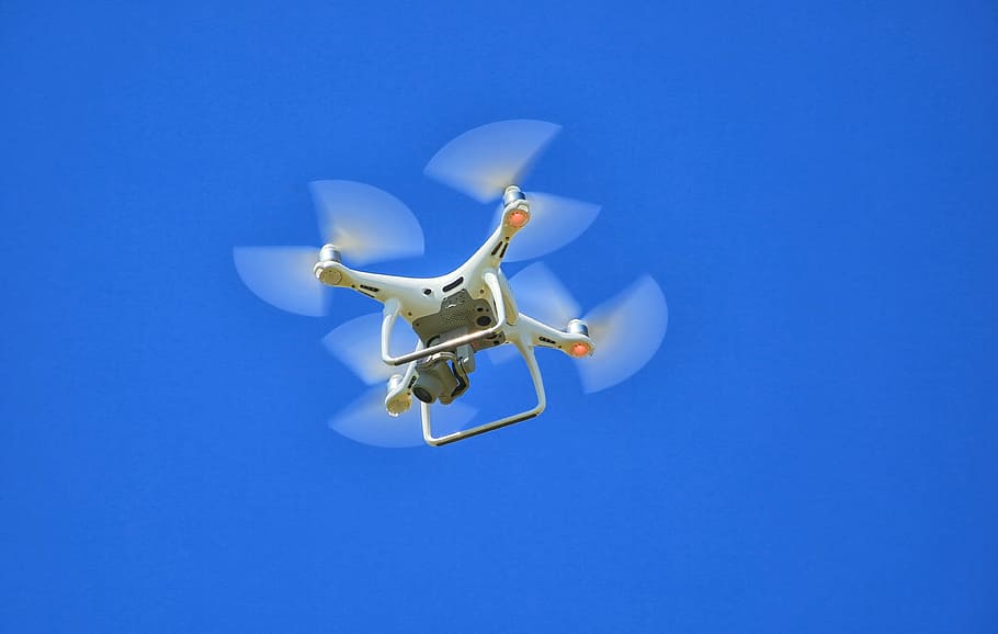 closeup, flying, white, orange, drone, air, phantom, camera, quadricopter, aerial photo