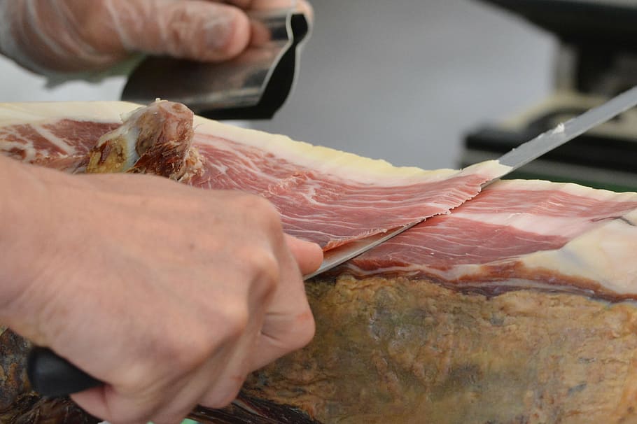 person slicing meat, ham, cutting, meat, pata negra, charcuterie, meats, food, raw Food, steak