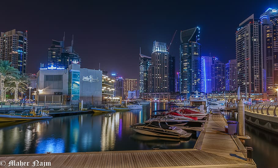 Dubai Marina, alto, ascensão, edifícios, rio, doca, exterior do edifício, arquitetura, estrutura construída, iluminado